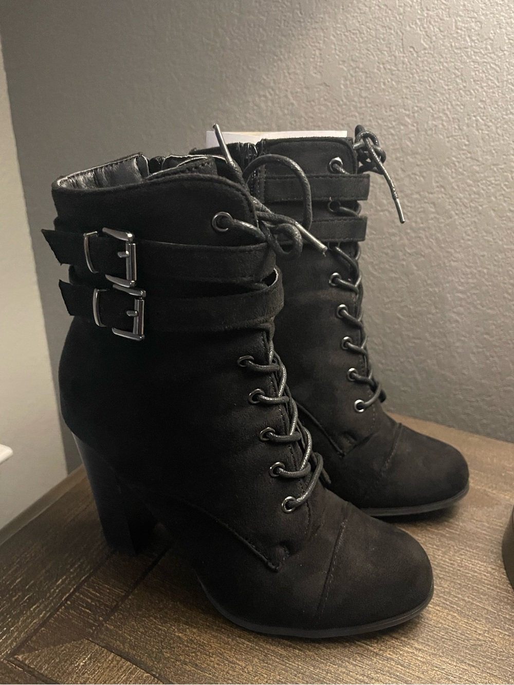 Charlotte Russe Black Lace-Up Heeled Ankle Boots with Buckles